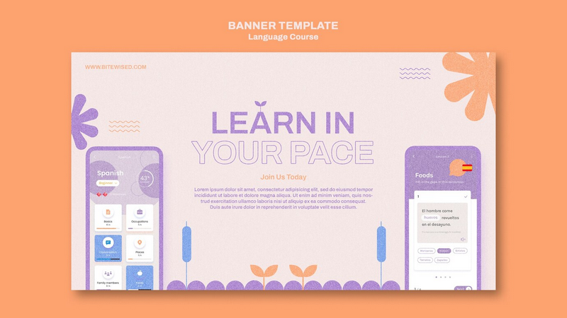 Шаблон баннера для языкового курса в пастельной цветовой гамме.
